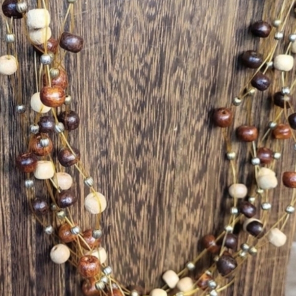 Vintage Lightweight Multi-Strand Wood & Mini Gold Bead Necklace w/ Extender - Picture 2 of 6